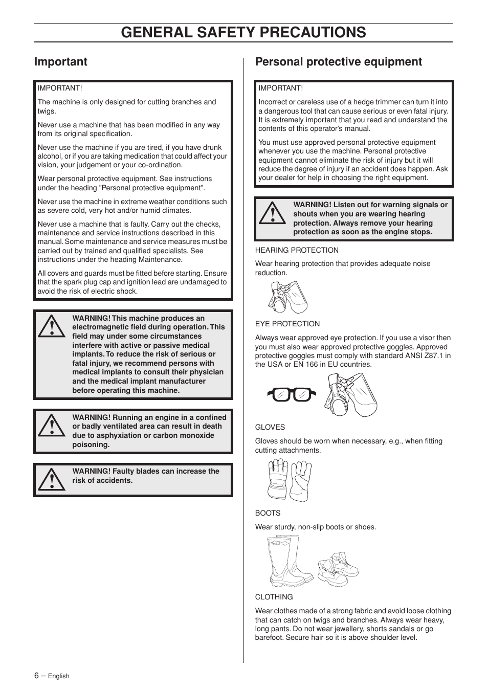Important, Personal protective equipment, General safety preca utions | Impor tant personal protective equipment | Jonsered HTE2123 User Manual | Page 6 / 24