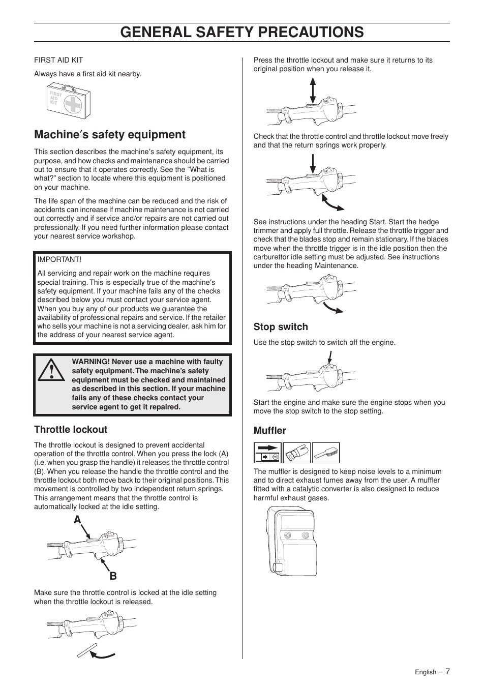 Machine¢s safety equipment, Throttle lockout, Stop switch | Muffler, General safety preca utions, Mac hine ′ s safety equipment | Jonsered HTE2123 User Manual | Page 7 / 24