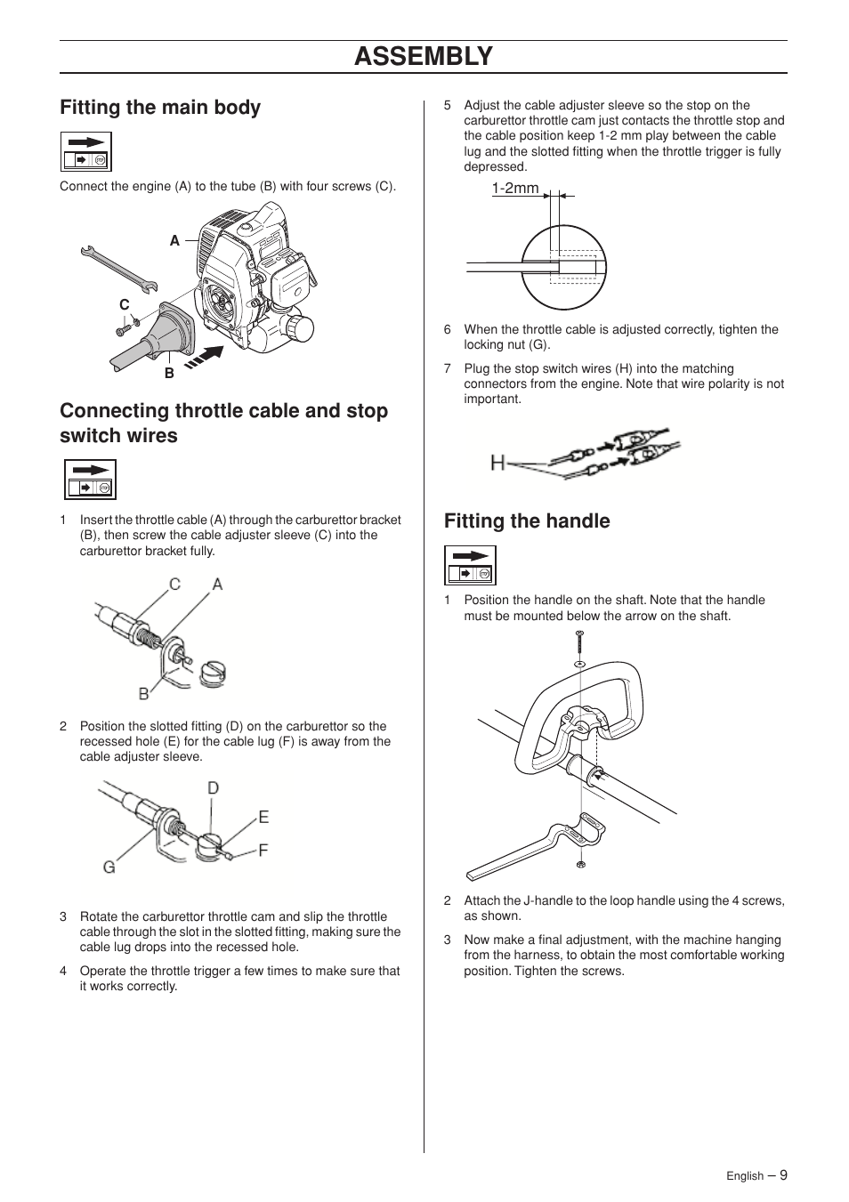 Fitting the main body, Connecting throttle cable and stop switch wires, Fitting the handle | Assembly | Jonsered HTE2123 User Manual | Page 9 / 24