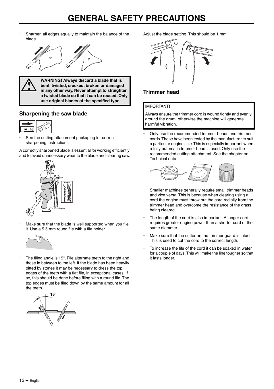 Sharpening the saw blade, Trimmer head, General safety precautions | Jonsered GR50 User Manual | Page 12 / 36