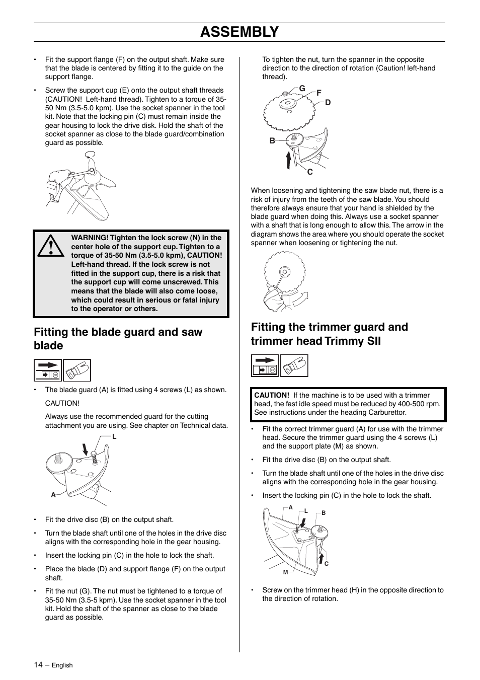 Fitting the blade guard and saw blade, Assembly | Jonsered GR50 User Manual | Page 14 / 36