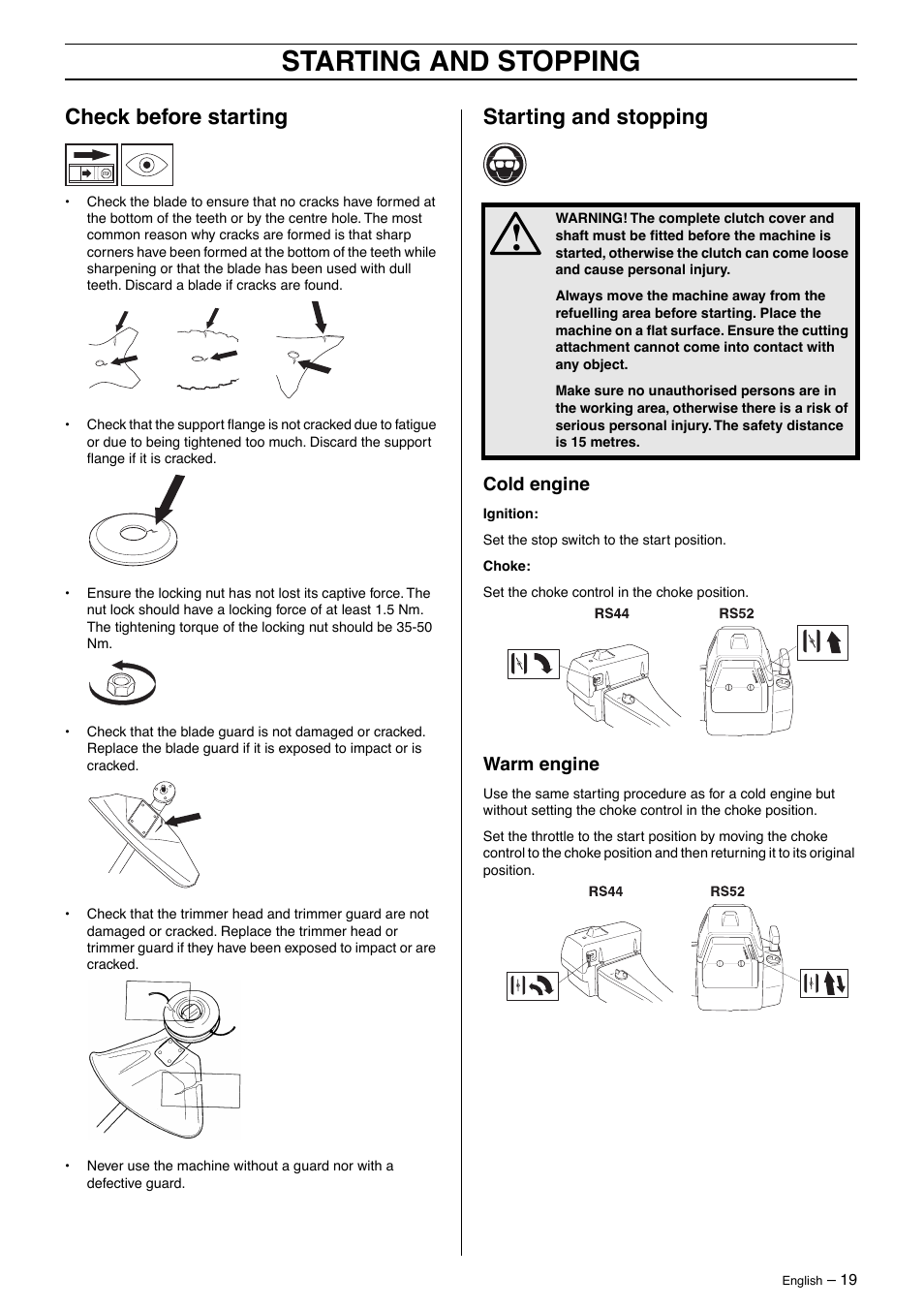 Check before starting, Starting and stopping, Cold engine | Warm engine | Jonsered GR50 User Manual | Page 19 / 36