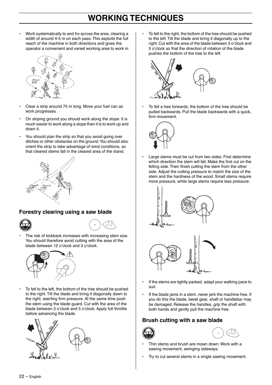 Forestry clearing using a saw blade, Brush cutting with a saw blade, Working techniques | Jonsered GR50 User Manual | Page 22 / 36