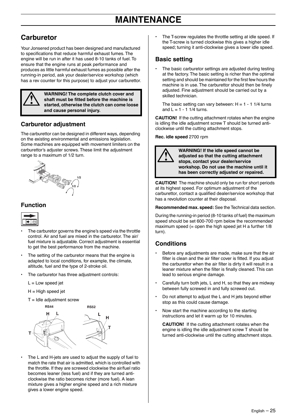 Carburetor, Carburetor adjustment, Function | Basic setting, Conditions, Maintenance | Jonsered GR50 User Manual | Page 25 / 36