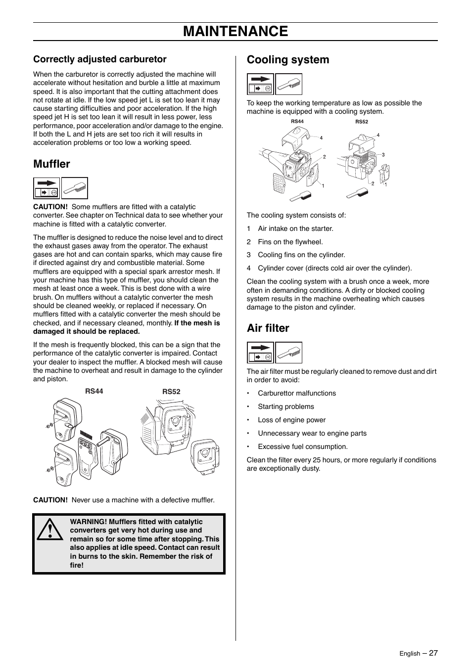 Correctly adjusted carburetor, Muffler, Cooling system | Air filter, Maintenance | Jonsered GR50 User Manual | Page 27 / 36