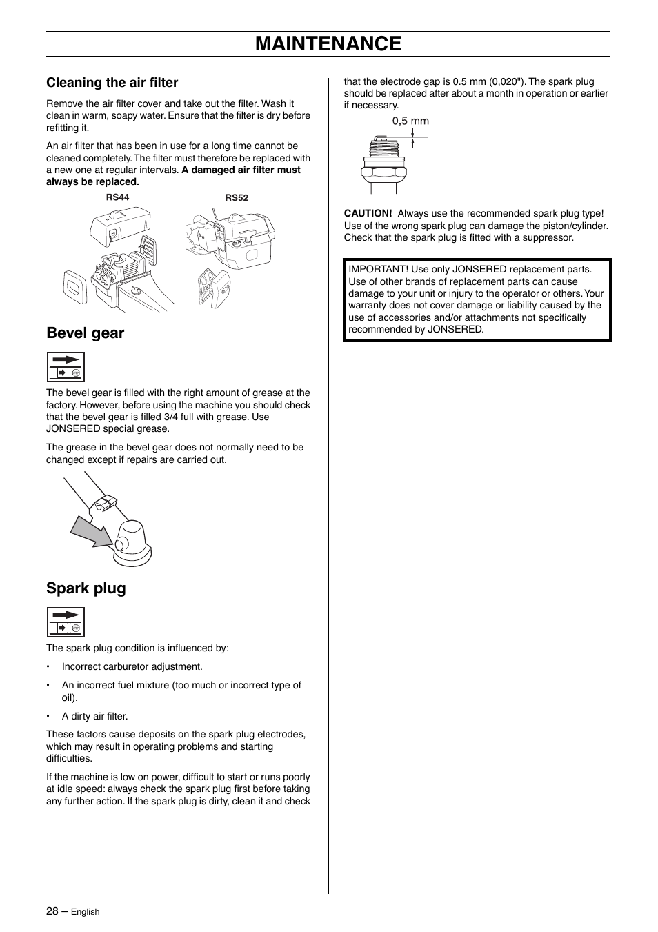 Cleaning the air filter, Bevel gear, Spark plug | Maintenance | Jonsered GR50 User Manual | Page 28 / 36