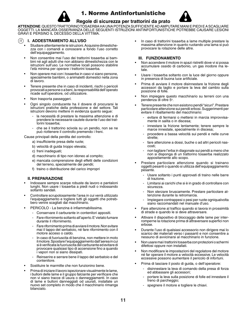 Norme antinfortunistiche, Regole di sicurezza per trattorini da prato | Jonsered LT2118A User Manual | Page 11 / 68