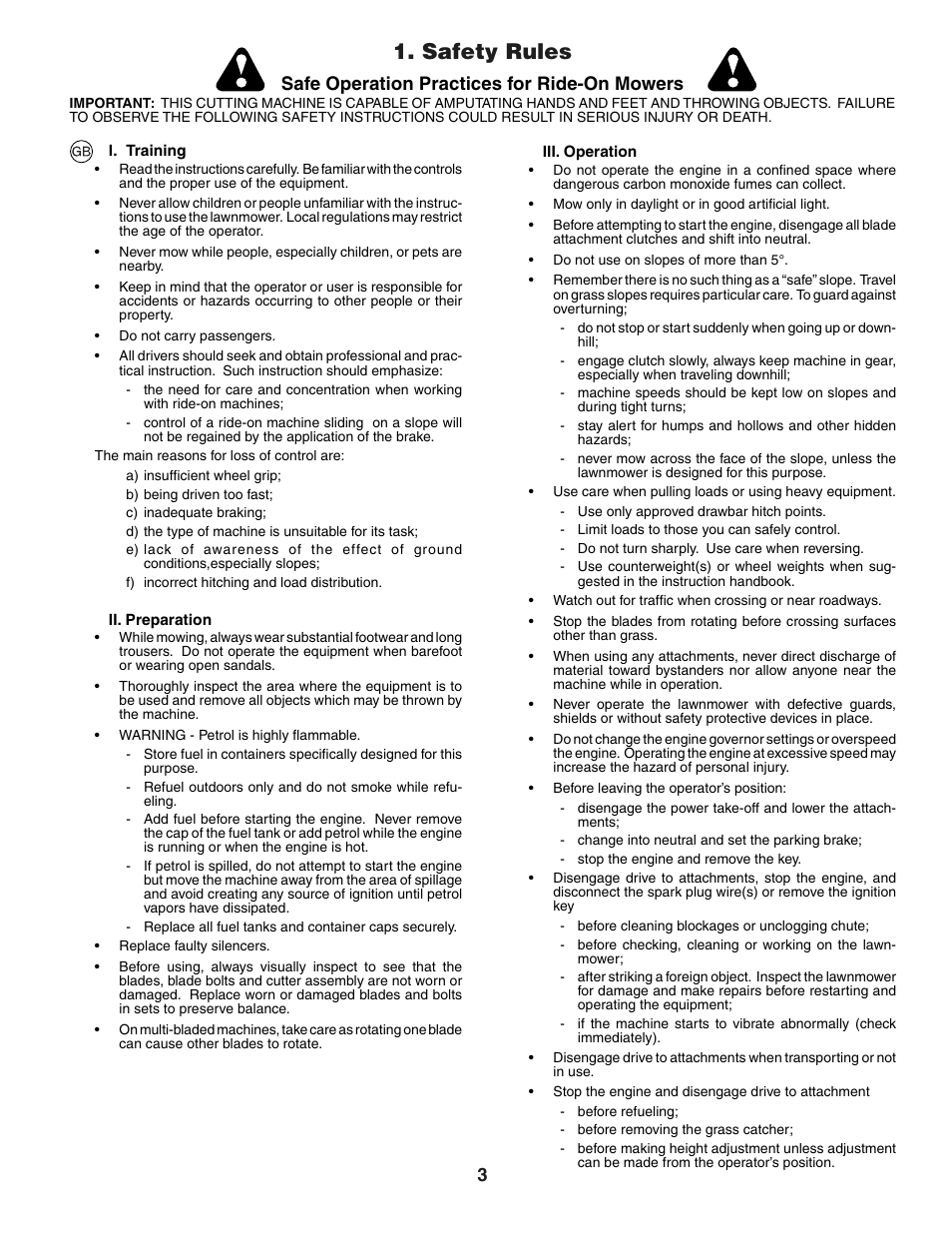 Safety rules, Safe operation practices for ride-on mowers | Jonsered LT2118A User Manual | Page 3 / 68