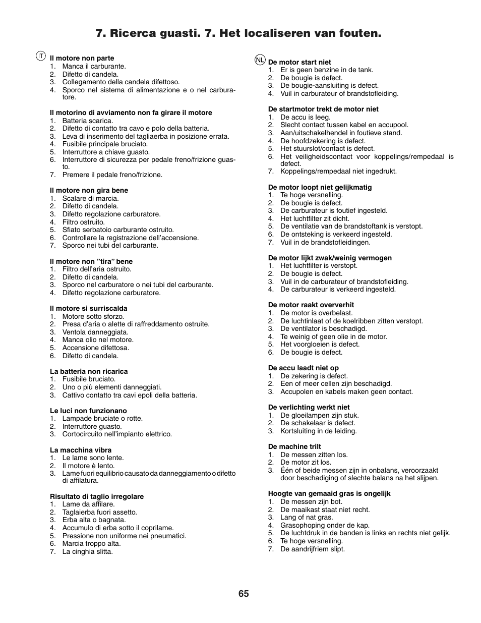 Ricerca guasti. 7. het localiseren van fouten | Jonsered LT2118A User Manual | Page 65 / 68