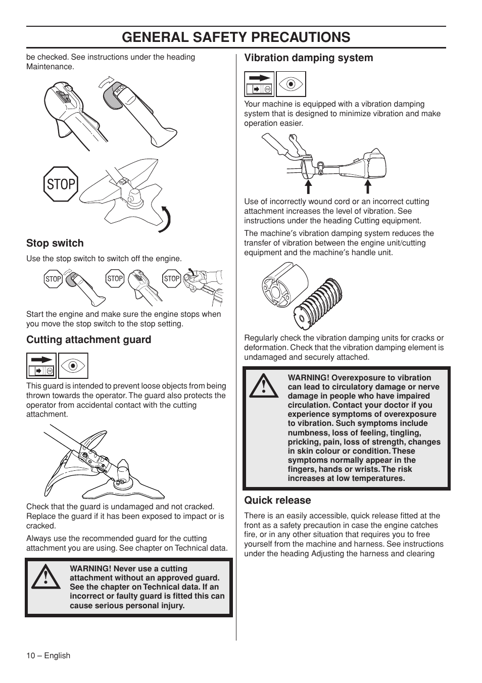 Stop switch, Cutting attachment guard, Vibration damping system | Quick release, General safety precautions | Jonsered FC2145W User Manual | Page 10 / 44
