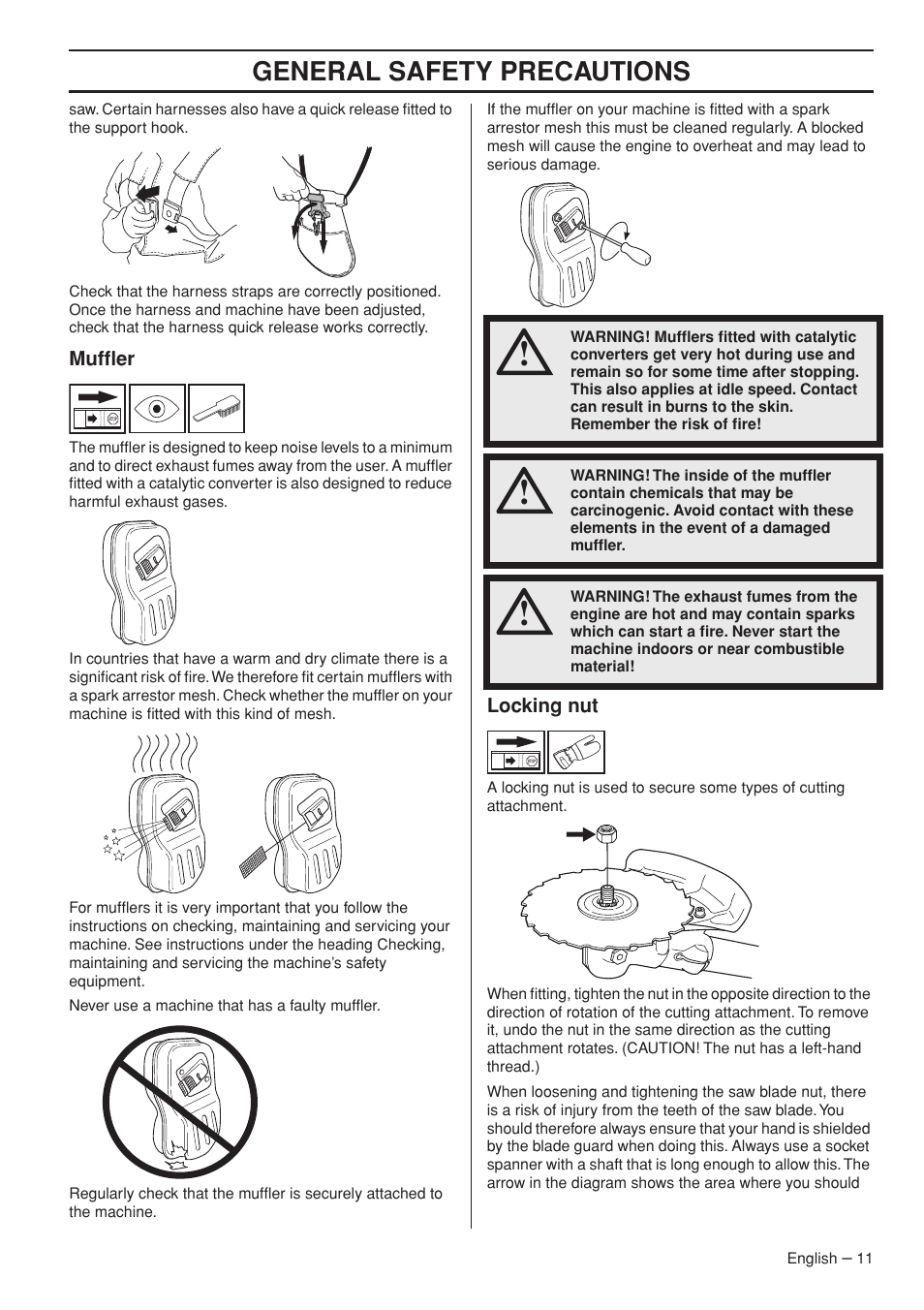 Muffler, Locking nut, General safety precautions | Jonsered FC2145W User Manual | Page 11 / 44