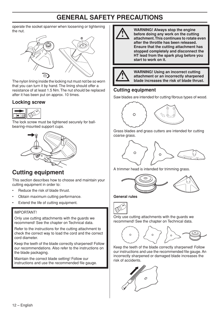 Locking screw, Cutting equipment, General safety precautions | Jonsered FC2145W User Manual | Page 12 / 44