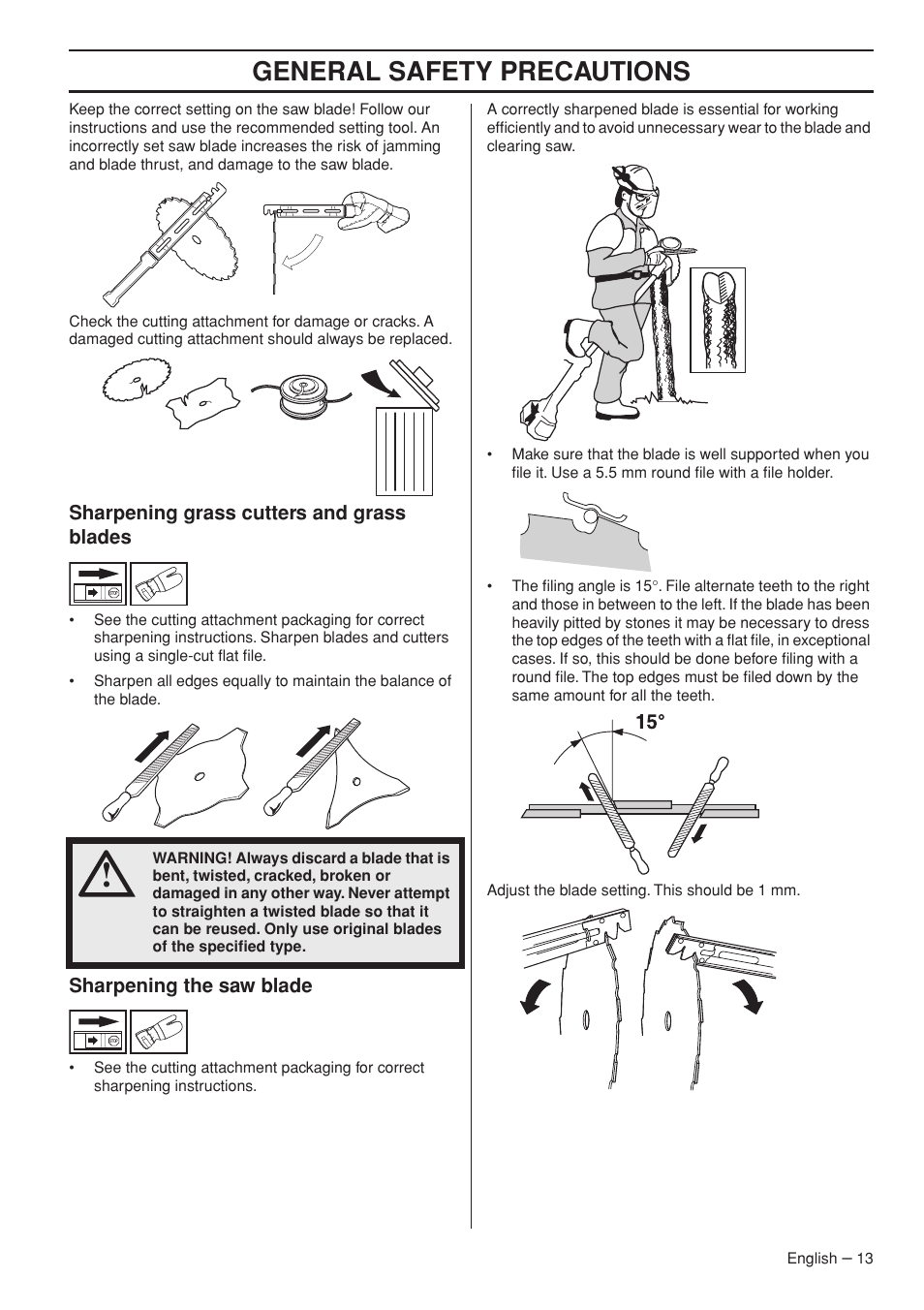 Sharpening grass cutters and grass blades, Sharpening the saw blade, General safety precautions | Jonsered FC2145W User Manual | Page 13 / 44