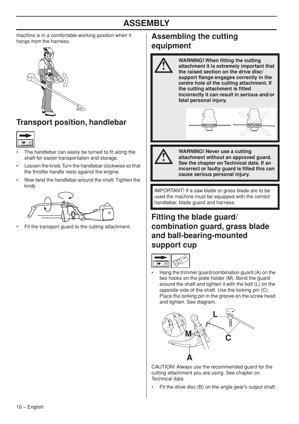 Transport position, handlebar, Assembling the cutting equipment, Assembly | La m c | Jonsered FC2145W User Manual | Page 16 / 44