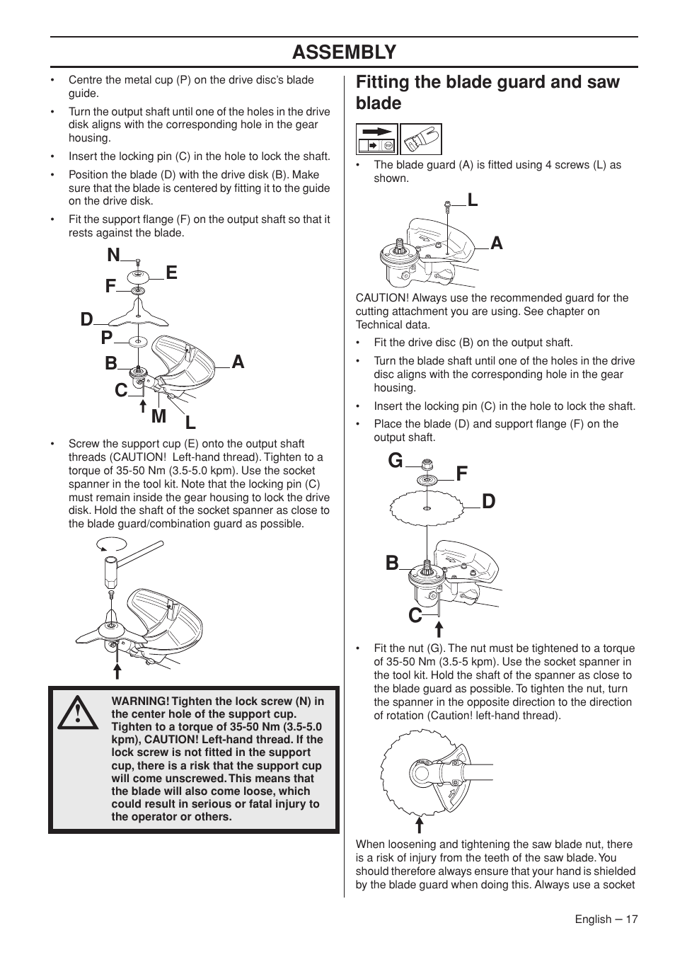Fitting the blade guard and saw blade, Fg d b c, Assembly | Jonsered FC2145W User Manual | Page 17 / 44
