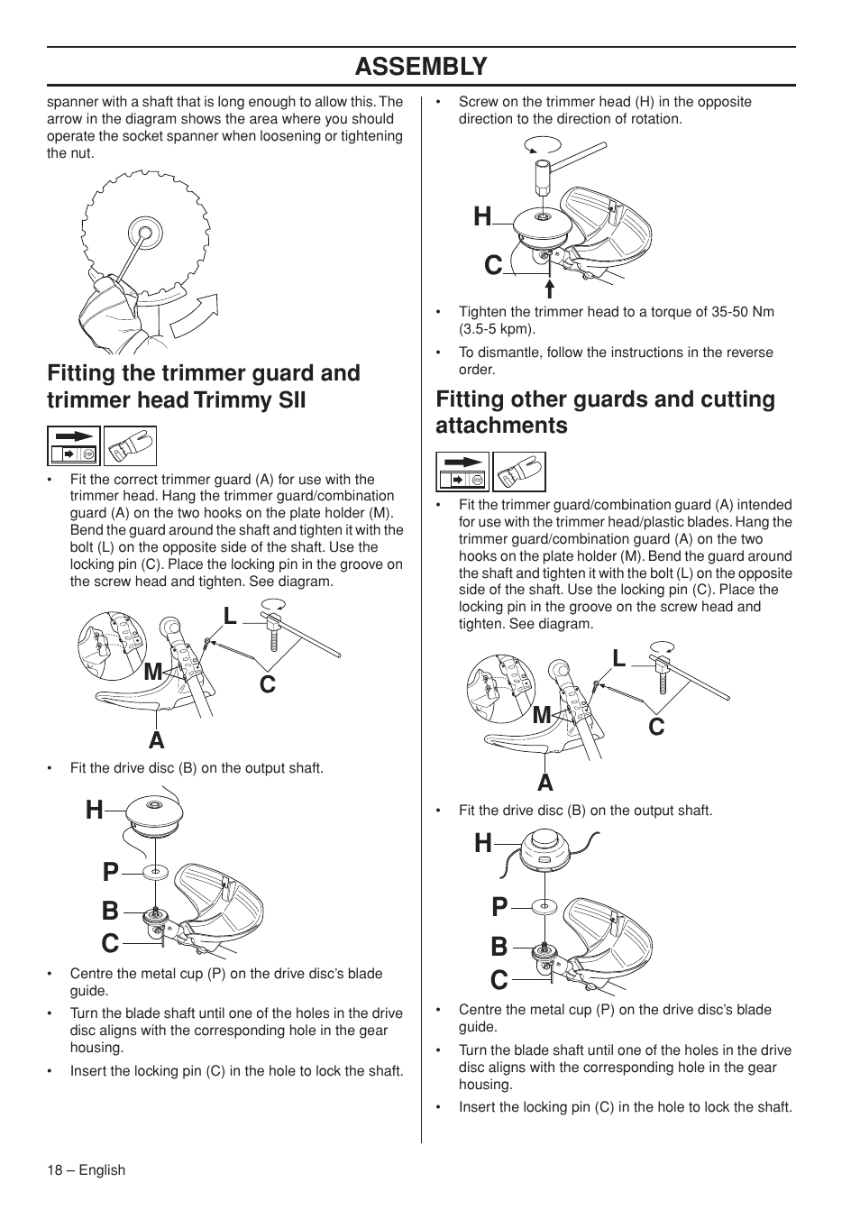 Fitting other guards and cutting attachments, Bh p c, Assembly | La m c | Jonsered FC2145W User Manual | Page 18 / 44