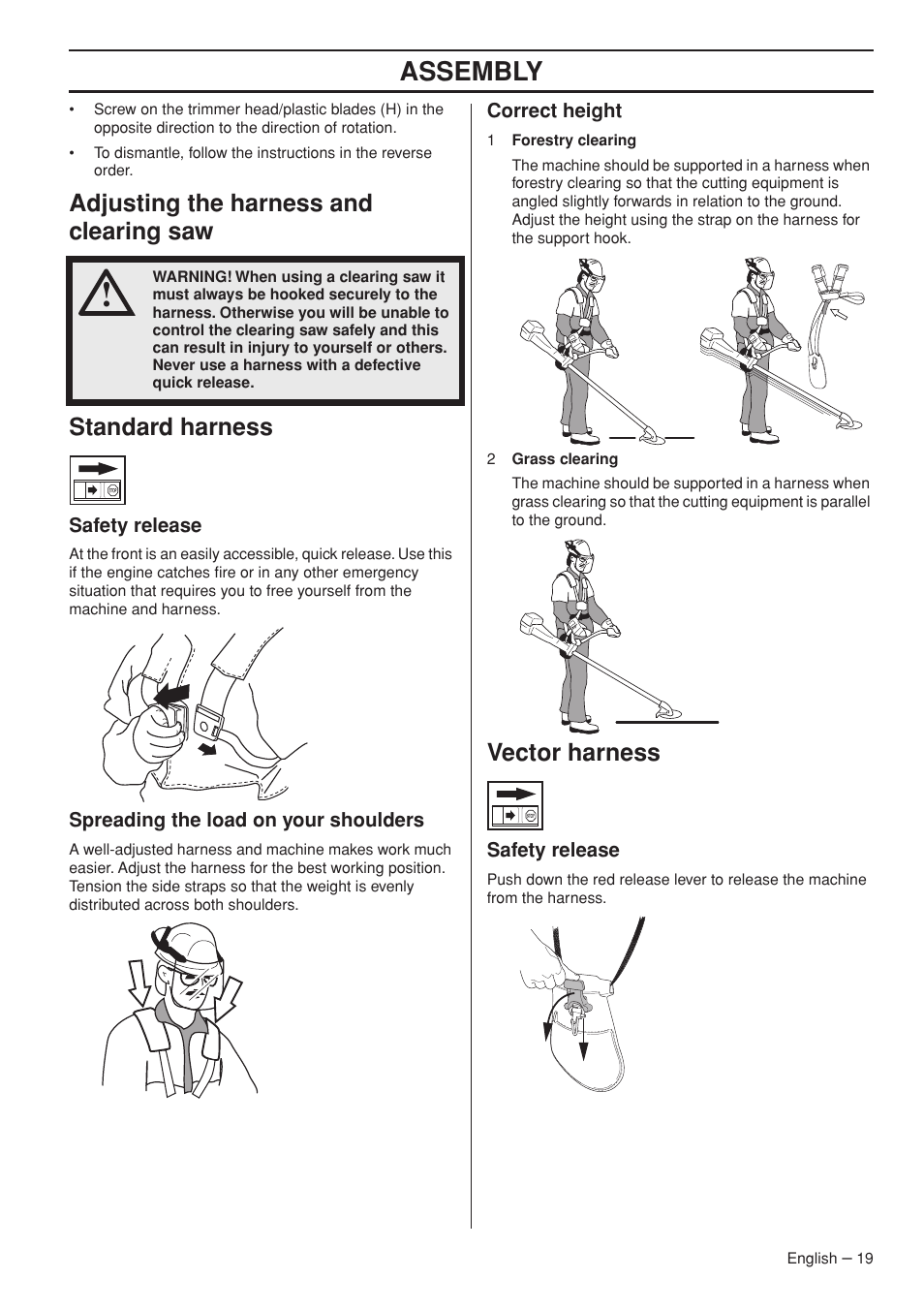 Adjusting the harness and clearing saw, Standard harness, Safety release | Spreading the load on your shoulders, Correct height, Vector harness, Assembly | Jonsered FC2145W User Manual | Page 19 / 44