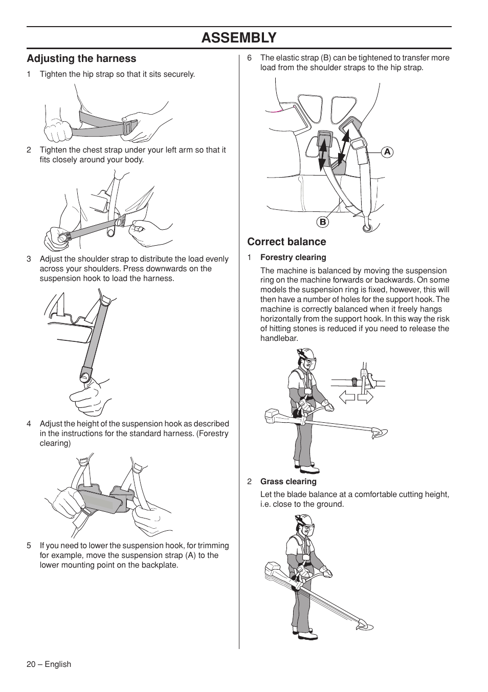 Adjusting the harness, Correct balance, Assembly | Jonsered FC2145W User Manual | Page 20 / 44
