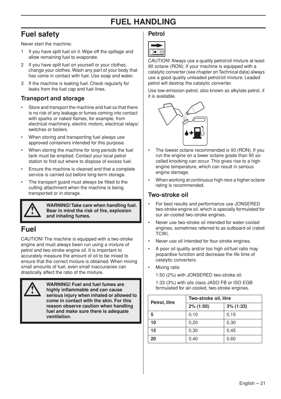 Fuel safety, Transport and storage, Fuel | Petrol, Two-stroke oil, Fuel handling | Jonsered FC2145W User Manual | Page 21 / 44