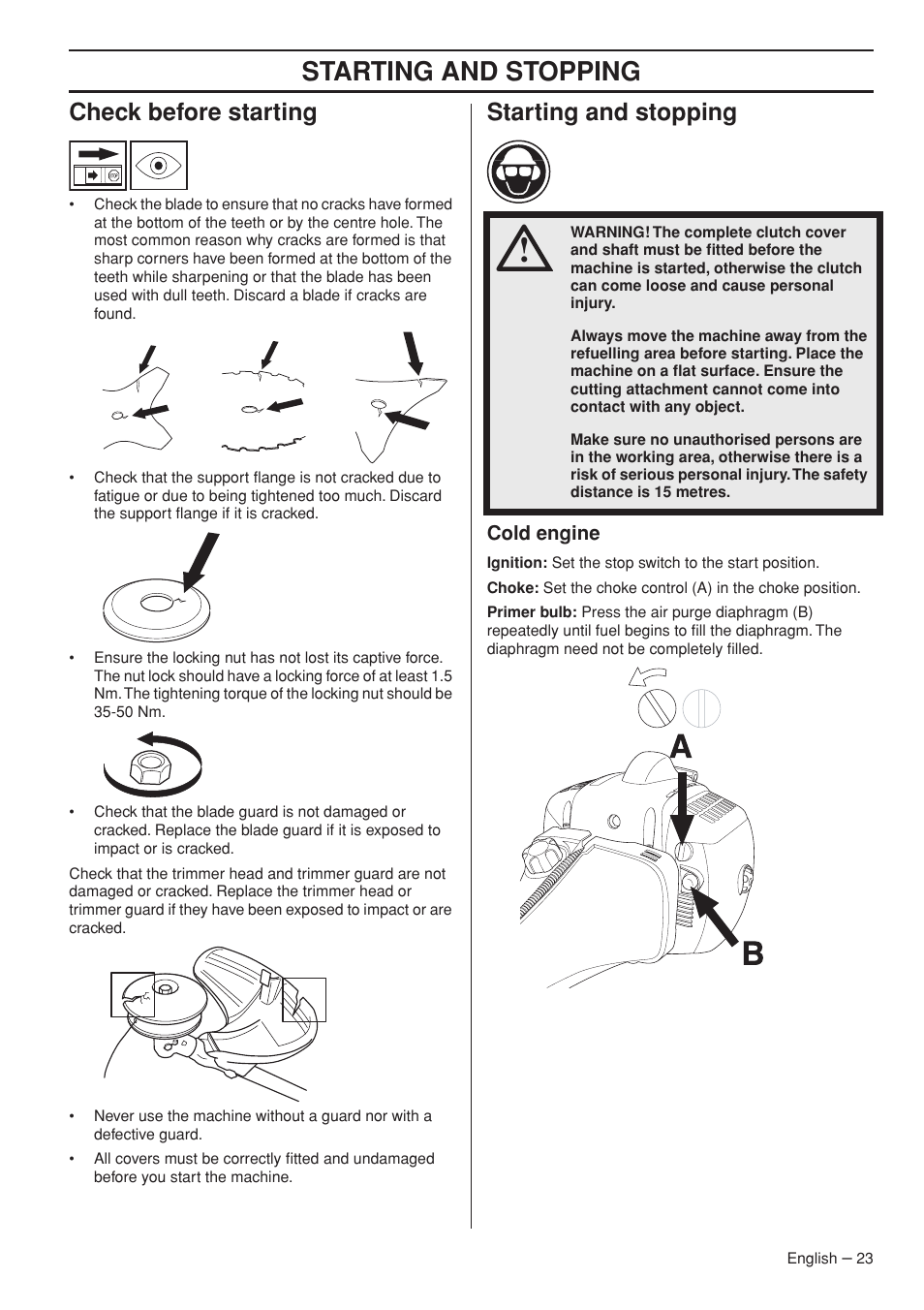 Check before starting, Starting and stopping, Cold engine | Jonsered FC2145W User Manual | Page 23 / 44
