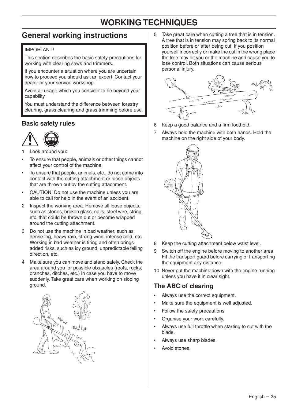 General working instructions, Basic safety rules, The abc of clearing | Working techniques | Jonsered FC2145W User Manual | Page 25 / 44