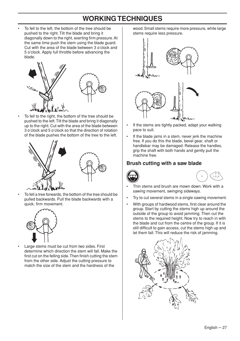Brush cutting with a saw blade, Working techniques | Jonsered FC2145W User Manual | Page 27 / 44