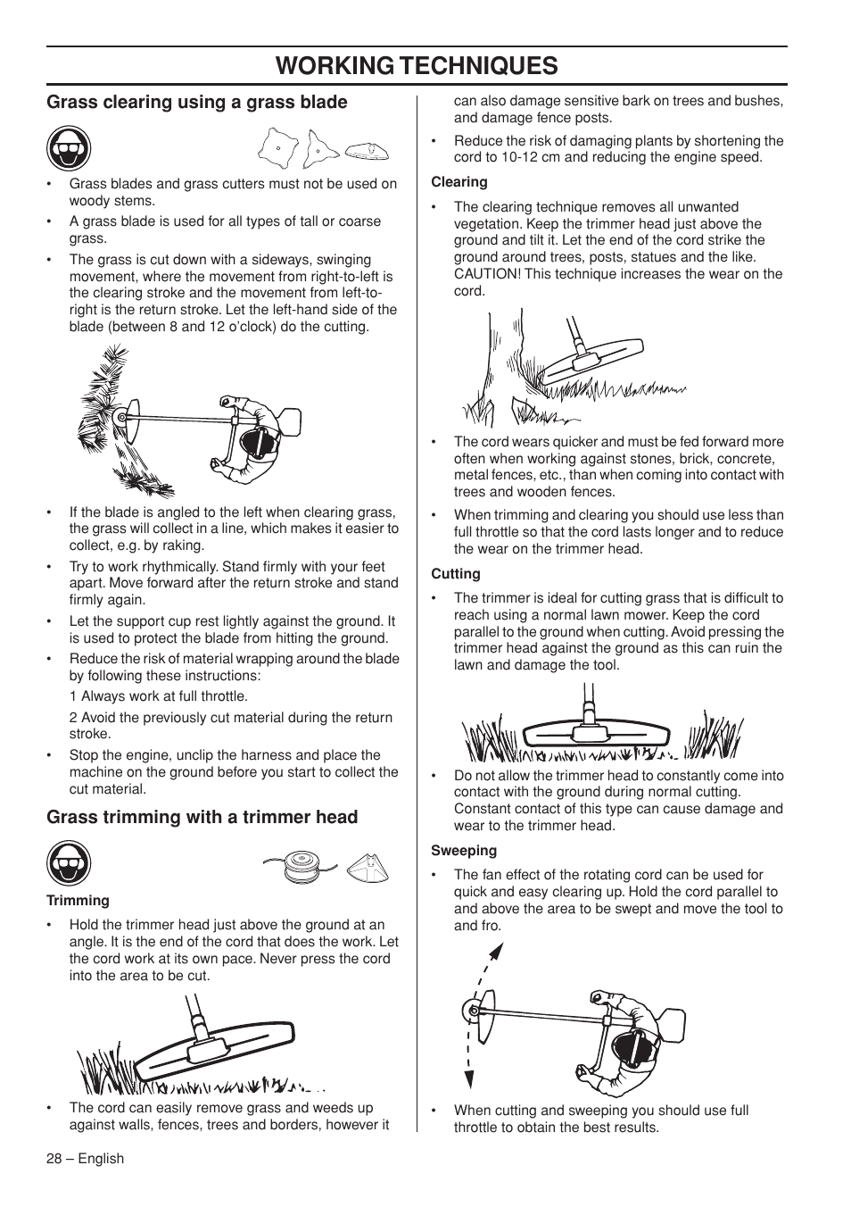 Grass clearing using a grass blade, Grass trimming with a trimmer head, Working techniques | Jonsered FC2145W User Manual | Page 28 / 44