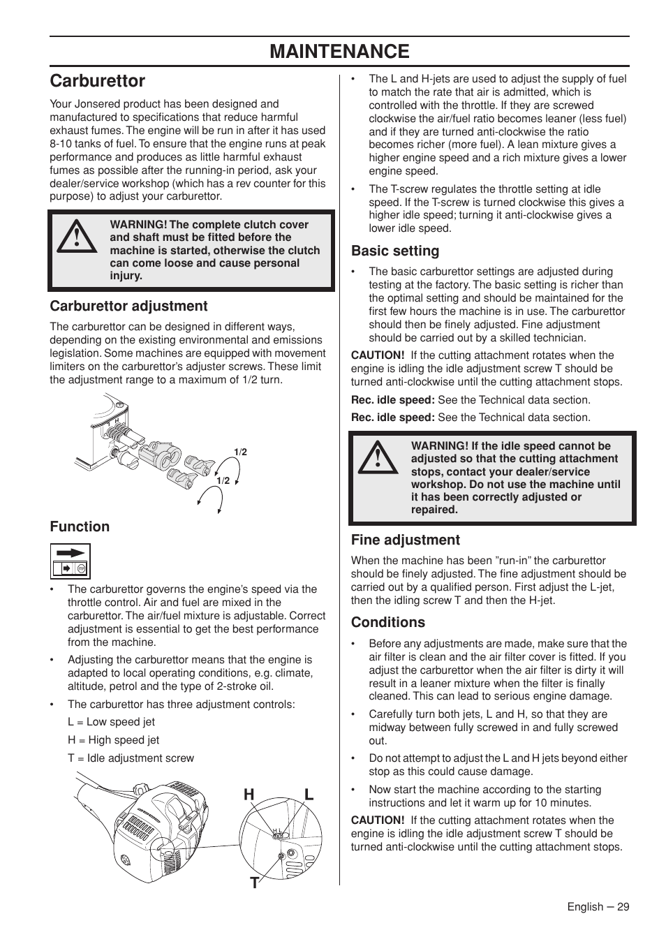 Carburettor, Carburettor adjustment, Function | Basic setting, Fine adjustment, Conditions, Maintenance | Jonsered FC2145W User Manual | Page 29 / 44