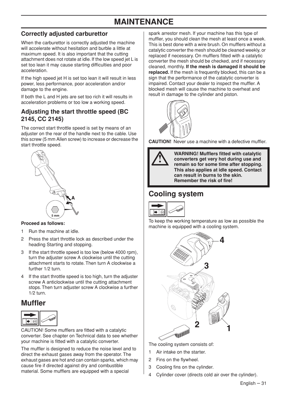 Correctly adjusted carburettor, Muffler, Cooling system | Maintenance | Jonsered FC2145W User Manual | Page 31 / 44