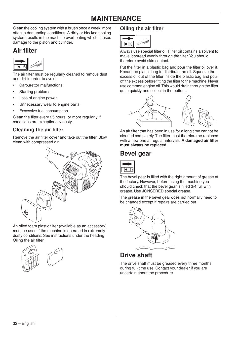 Air filter, Cleaning the air filter, Oiling the air filter | Bevel gear, Drive shaft, Maintenance | Jonsered FC2145W User Manual | Page 32 / 44