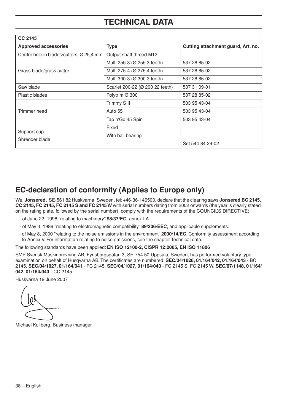 Technical data | Jonsered FC2145W User Manual | Page 38 / 44