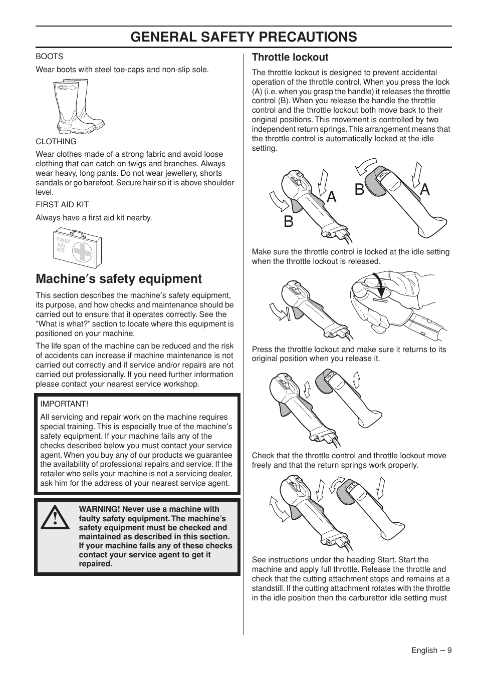 Machine¢s safety equipment, Throttle lockout, Ba a b | General safety preca utions, Machine ′ s safety equipment | Jonsered FC2145W User Manual | Page 9 / 44