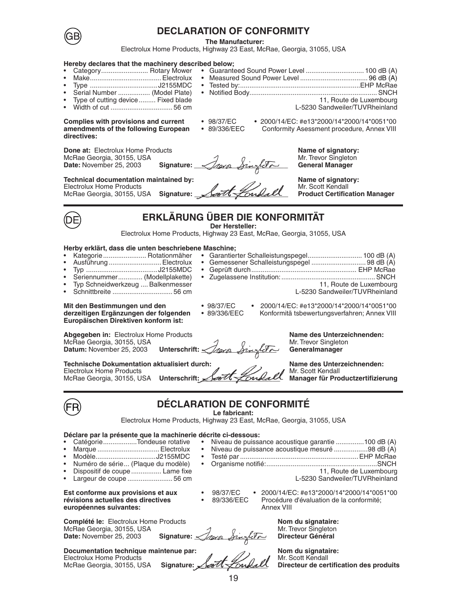 Declaration of conformity, Erklärung über die konformität, Déclaration de conformité | Jonsered LM2155MD User Manual | Page 19 / 20