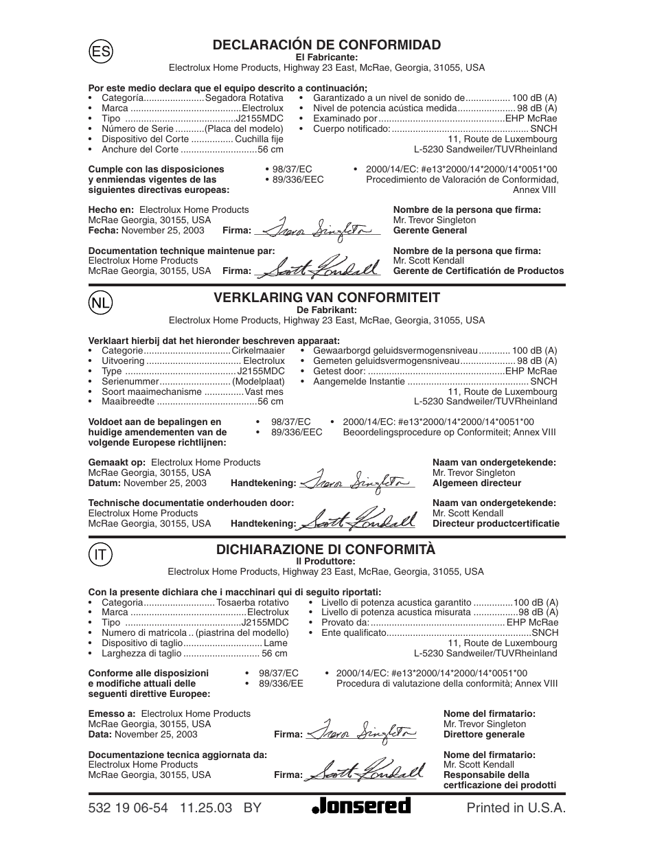 Verklaring van conformiteit, Dichiarazione di conformità | Jonsered LM2155MD User Manual | Page 20 / 20