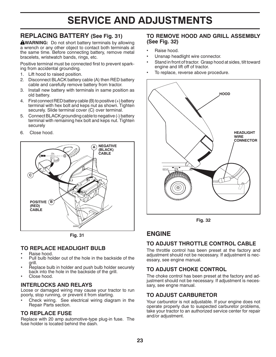 Service and adjustments, Engine, Replacing battery | Jonsered LT2226 A2 User Manual | Page 23 / 28