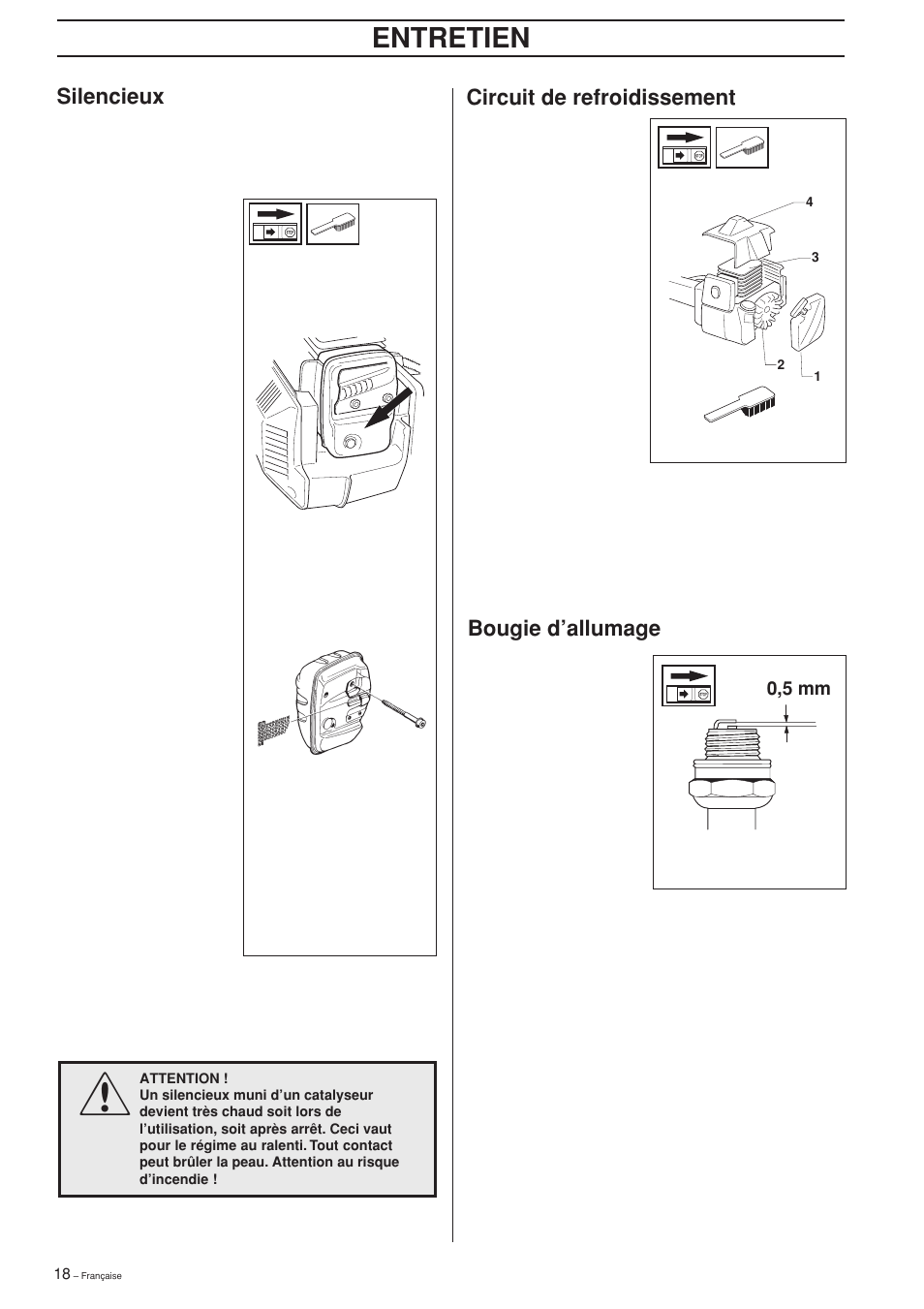 Entretien, Circuit de refroidissement, Bougie d’allumage | Silencieux | Jonsered GT2125L User Manual | Page 18 / 28