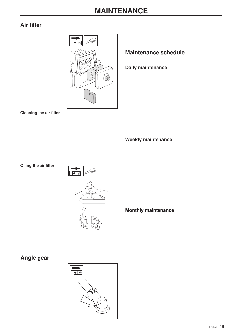 Maintenance schedule, Maintenance, Air filter | Angle gear | Jonsered GT2125L User Manual | Page 19 / 28