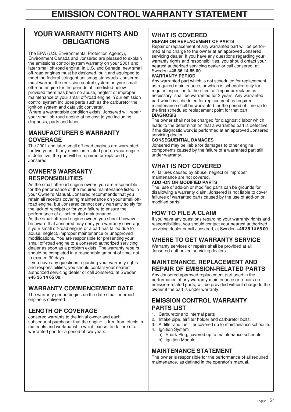 Emission control warranty statement, Your warranty rights and obligations | Jonsered GT2125L User Manual | Page 21 / 28