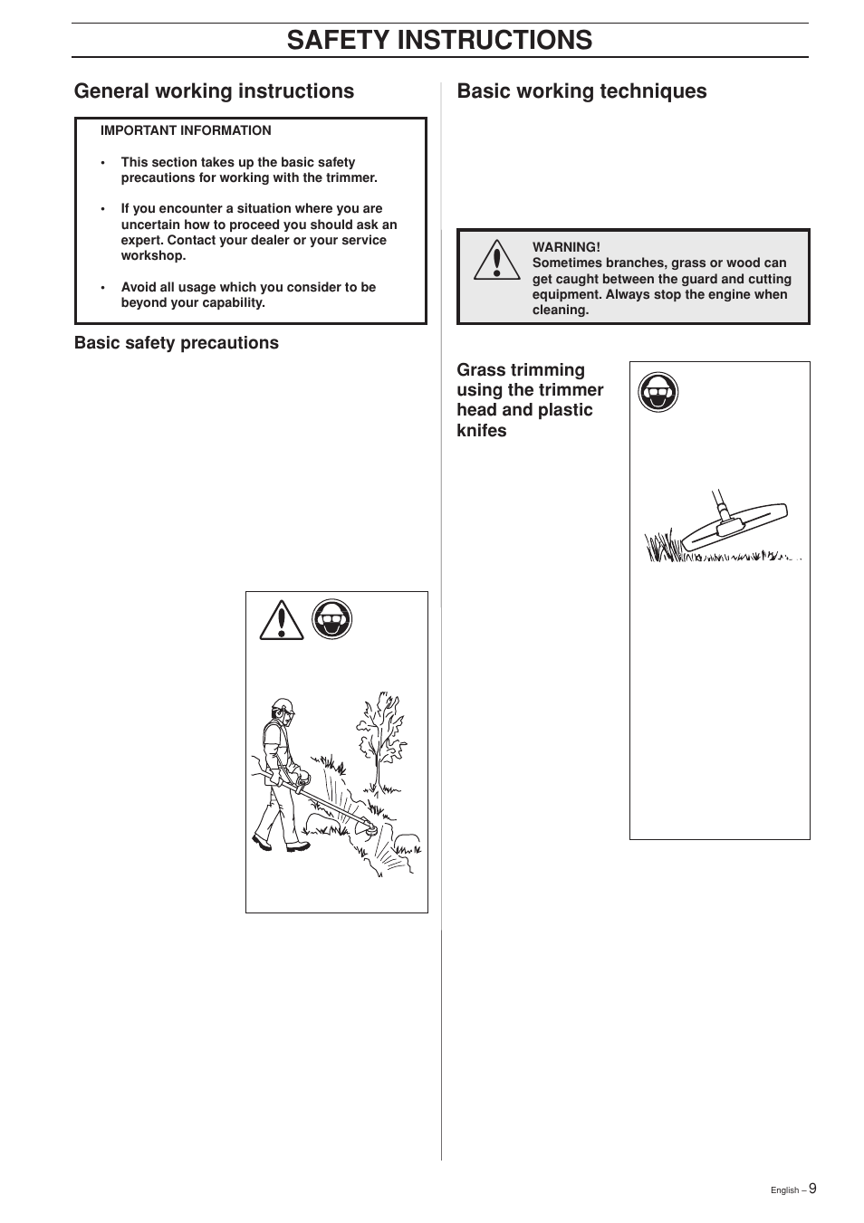 Safety instructions, General working instructions, Basic working techniques | Jonsered GT2125L User Manual | Page 9 / 28