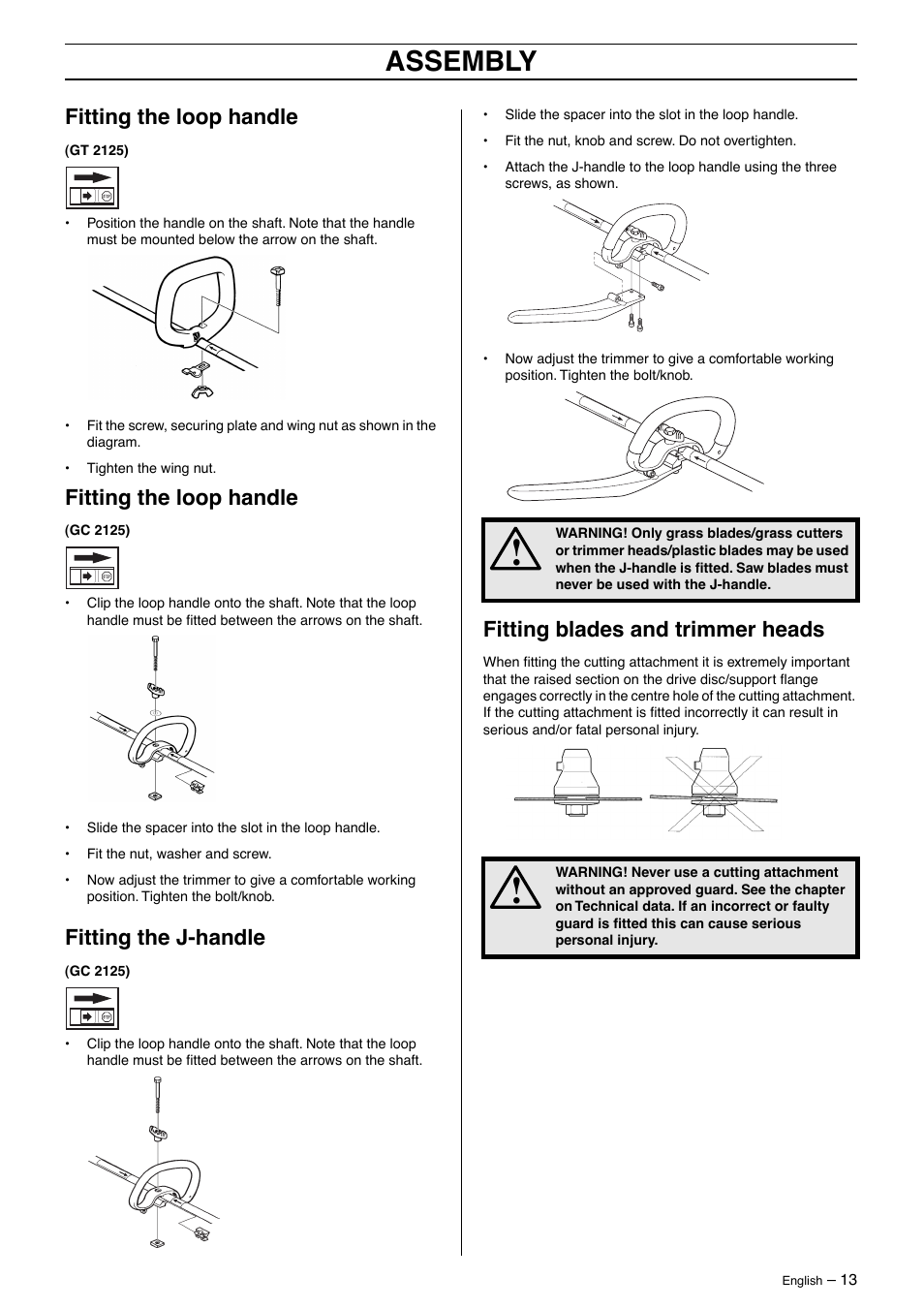 Fitting the loop handle, Fitting the j-handle, Fitting blades and trimmer heads | Assembly | Jonsered GT 2125 User Manual | Page 13 / 32