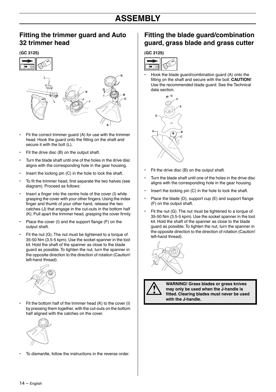 Fitting the trimmer guard and auto 32 trimmer head, Assembly | Jonsered GT 2125 User Manual | Page 14 / 32