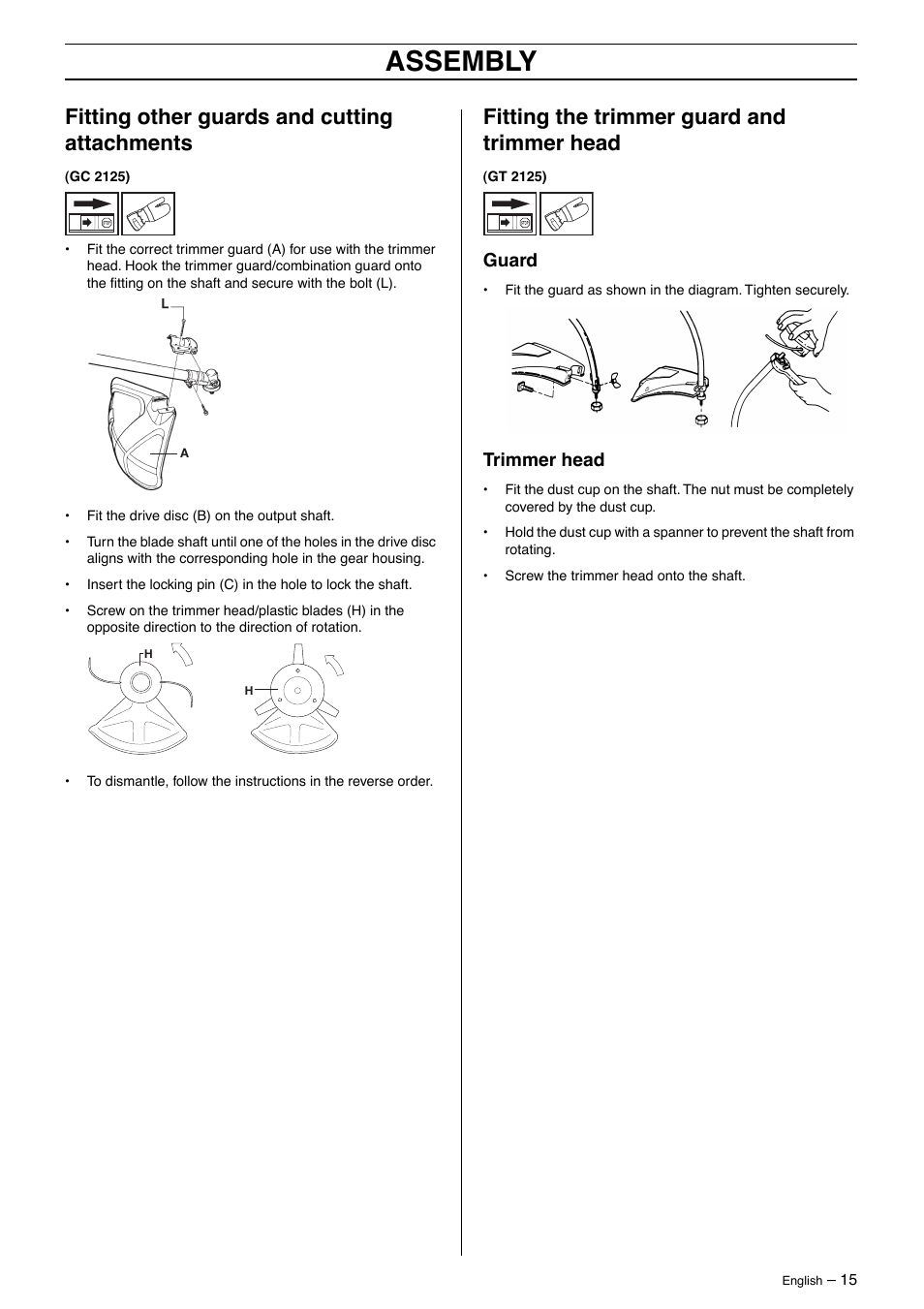 Fitting other guards and cutting attachments, Fitting the trimmer guard and trimmer head, Guard | Trimmer head, Assembly | Jonsered GT 2125 User Manual | Page 15 / 32