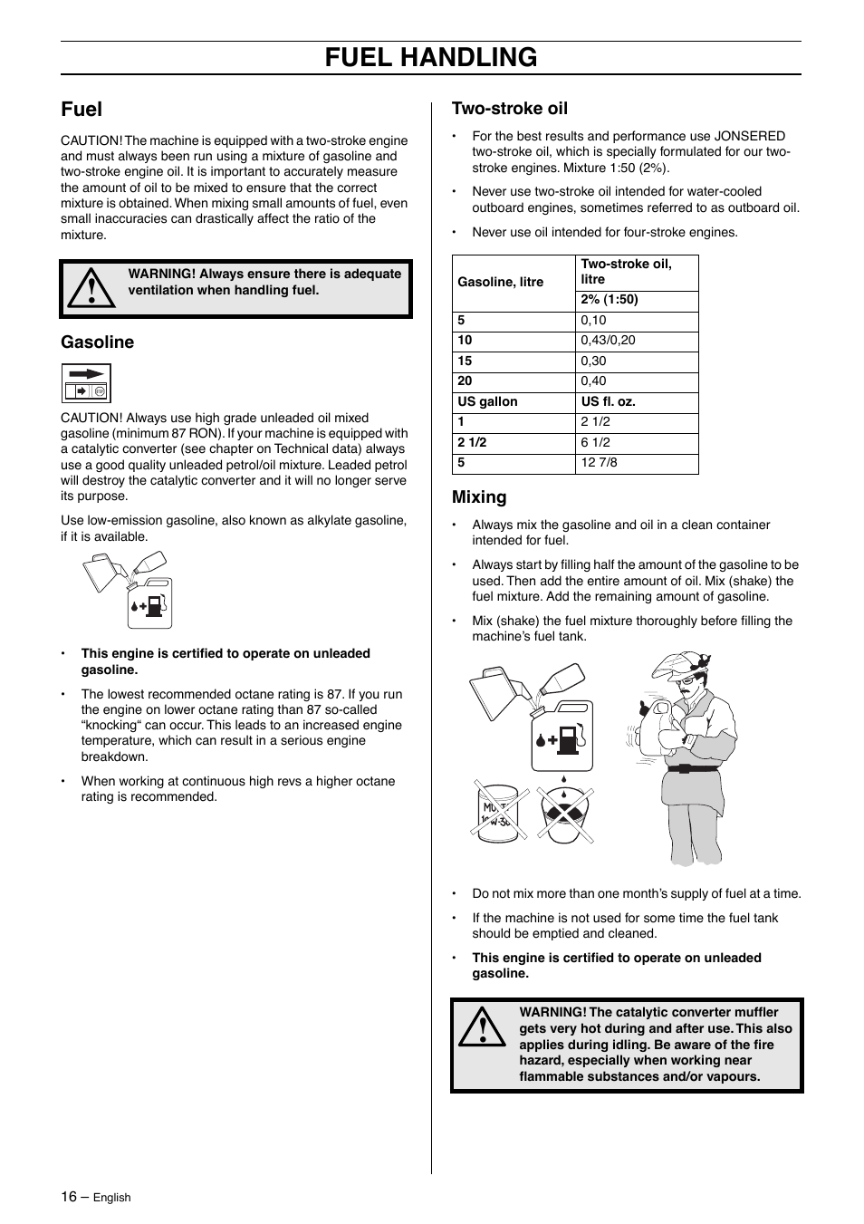 Fuel, Gasoline, Two-stroke oil | Mixing, Fuel handling | Jonsered GT 2125 User Manual | Page 16 / 32