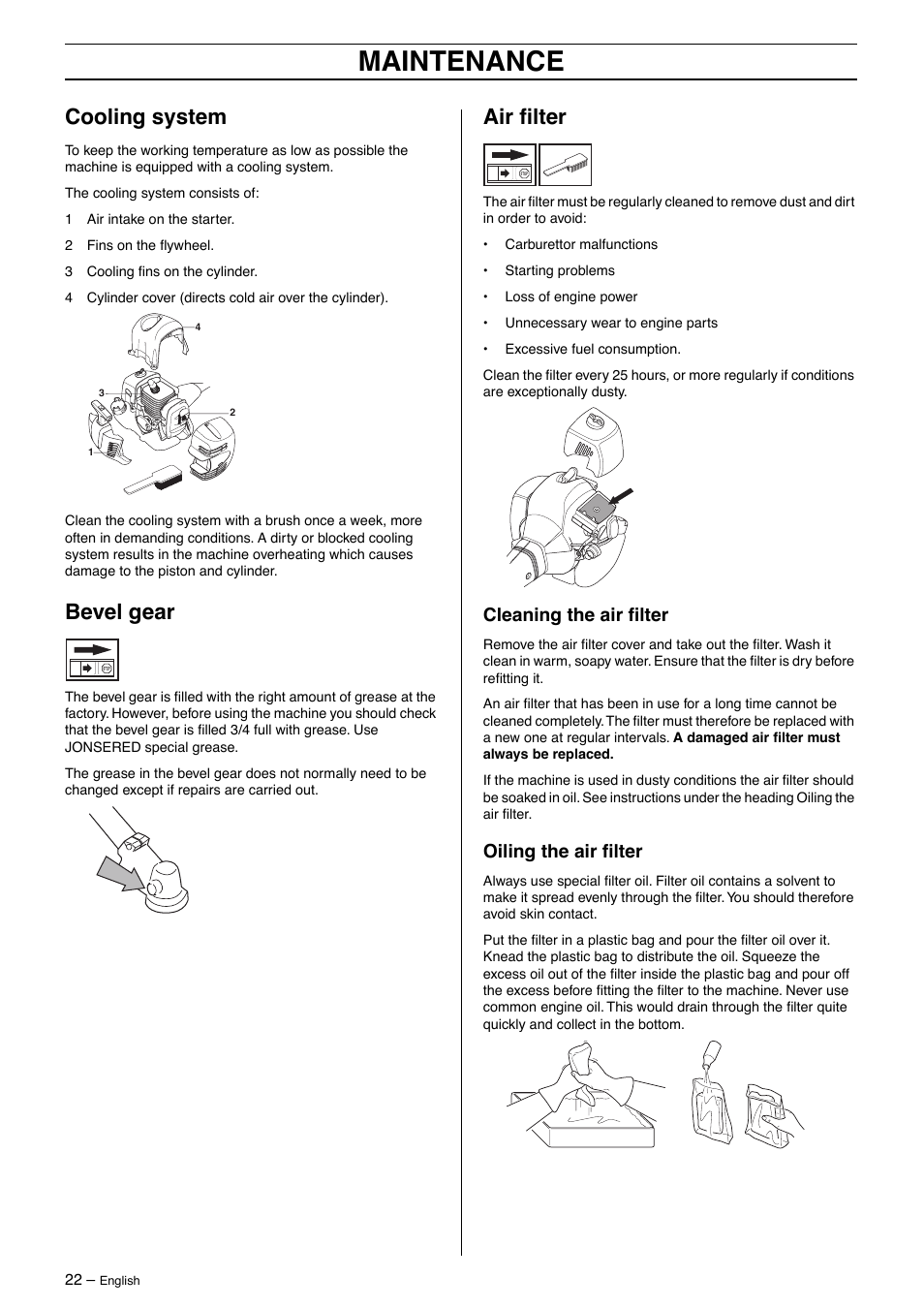 Cooling system, Bevel gear, Air filter | Cleaning the air filter, Oiling the air filter, Maintenance | Jonsered GT 2125 User Manual | Page 22 / 32