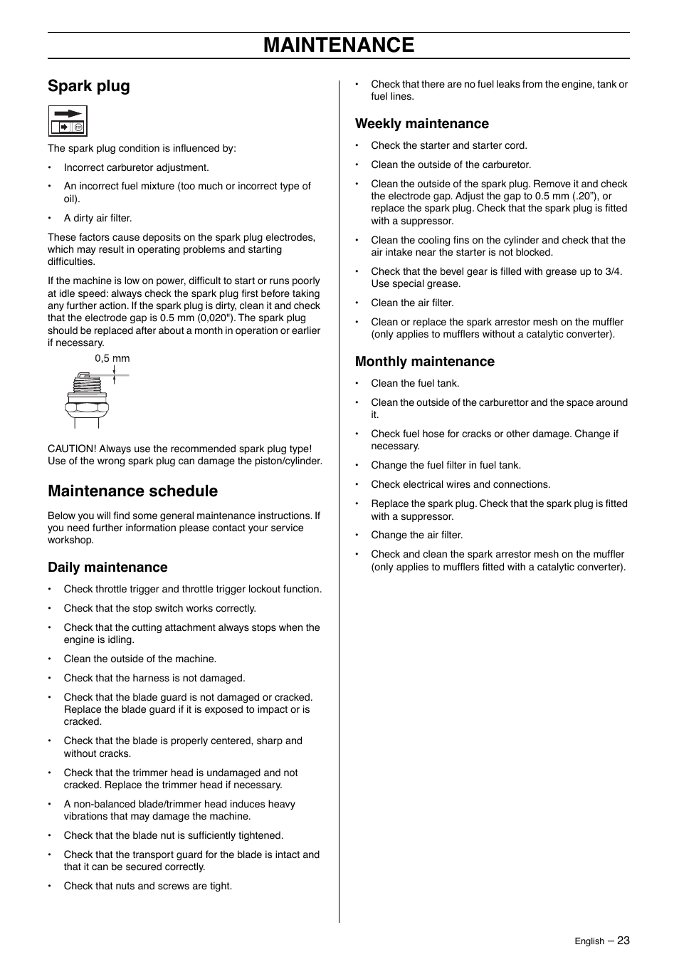 Spark plug, Maintenance schedule, Daily maintenance | Weekly maintenance, Monthly maintenance, Maintenance | Jonsered GT 2125 User Manual | Page 23 / 32