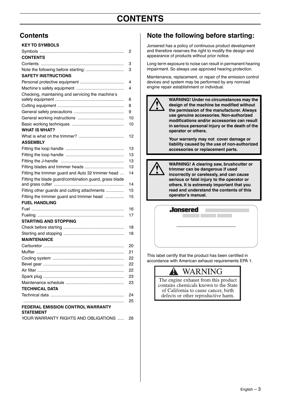 Jonsered GT 2125 User Manual | Page 3 / 32