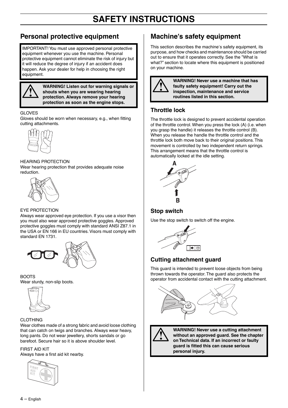 Personal protective equipment, Machine¢s safety equipment, Throttle lock | Stop switch, Cutting attachment guard, Safety instructions, Machine ′′′′ s safety equipment | Jonsered GT 2125 User Manual | Page 4 / 32