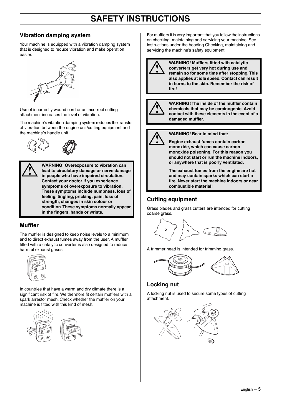 Vibration damping system, Muffler, Cutting equipment | Locking nut, Safety instructions | Jonsered GT 2125 User Manual | Page 5 / 32