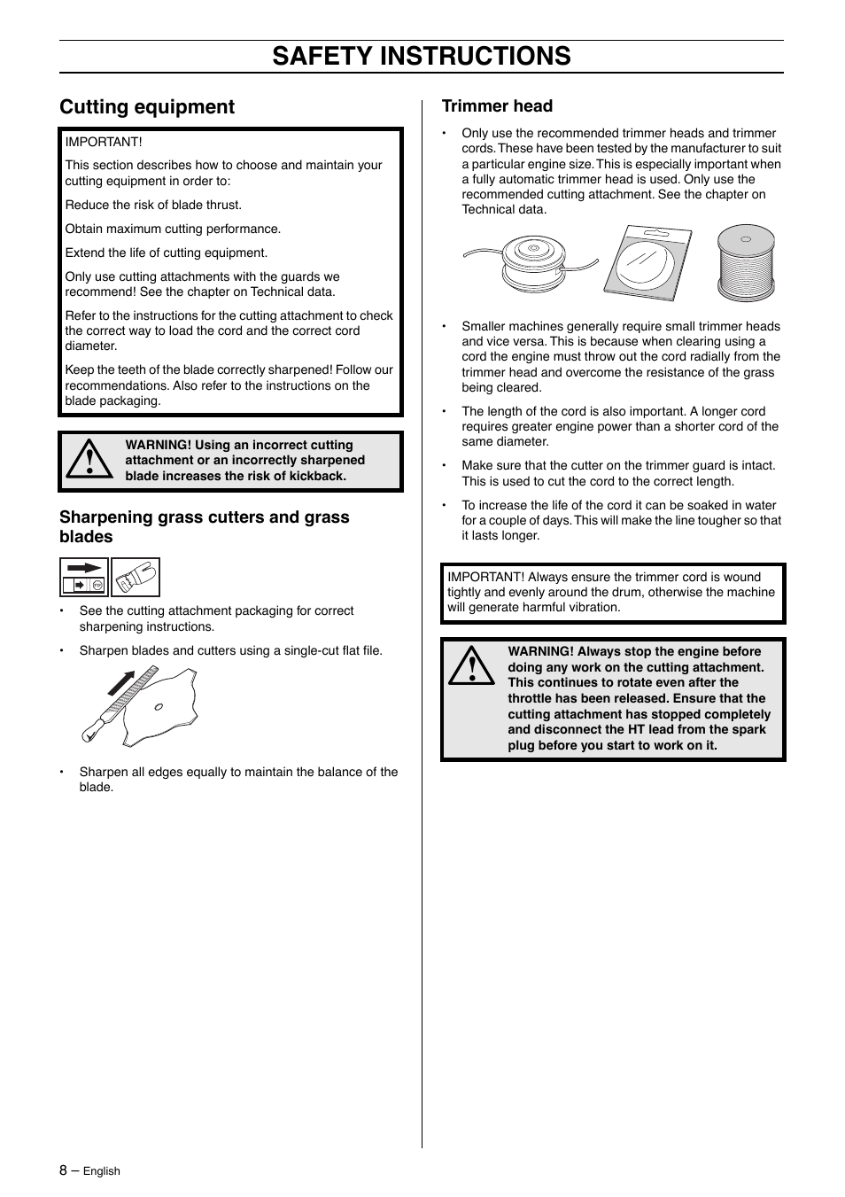 Cutting equipment, Sharpening grass cutters and grass blades, Trimmer head | Safety instructions | Jonsered GT 2125 User Manual | Page 8 / 32