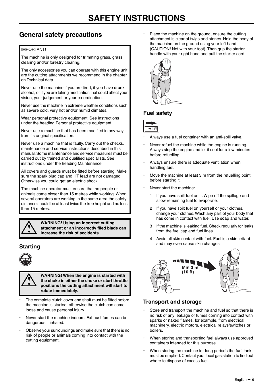General safety precautions, Starting, Fuel safety | Transport and storage, Safety instructions | Jonsered GT 2125 User Manual | Page 9 / 32